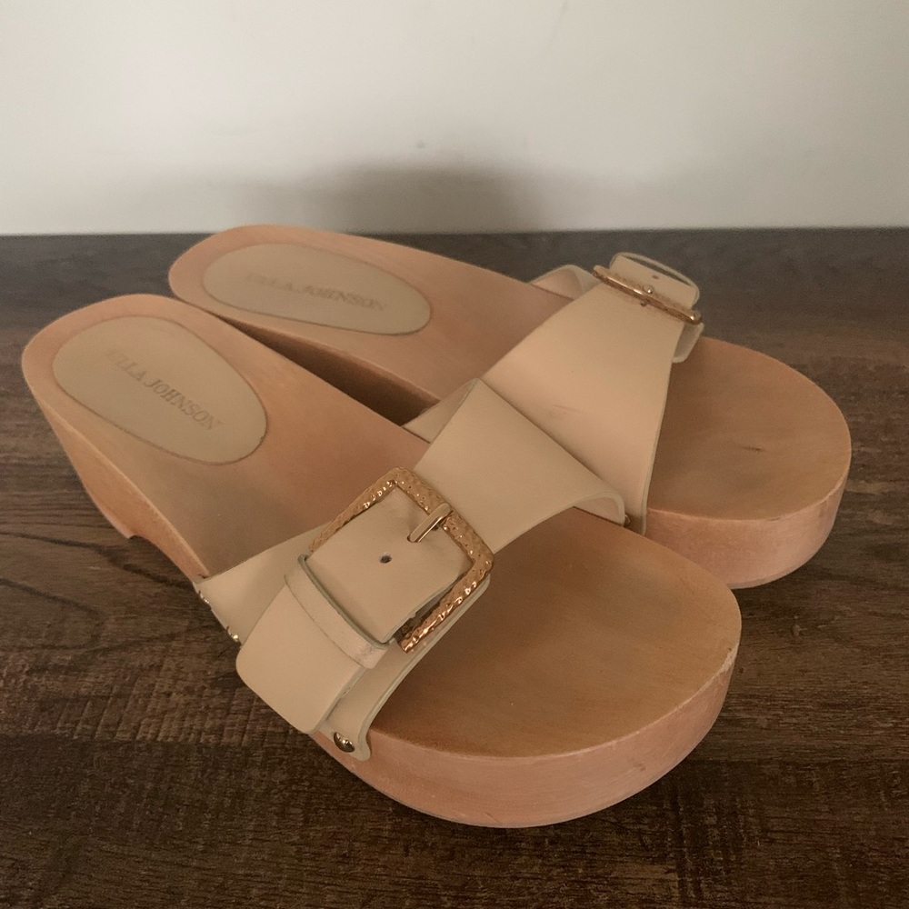 Ulla Johnson Women's Buckle Wooden Clog Slide Sandals Cream Size 38.5 US 8 - Picture 1 of 11